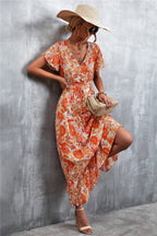 Floral Buttoned Drawstring Waist Tiered Dress (11)