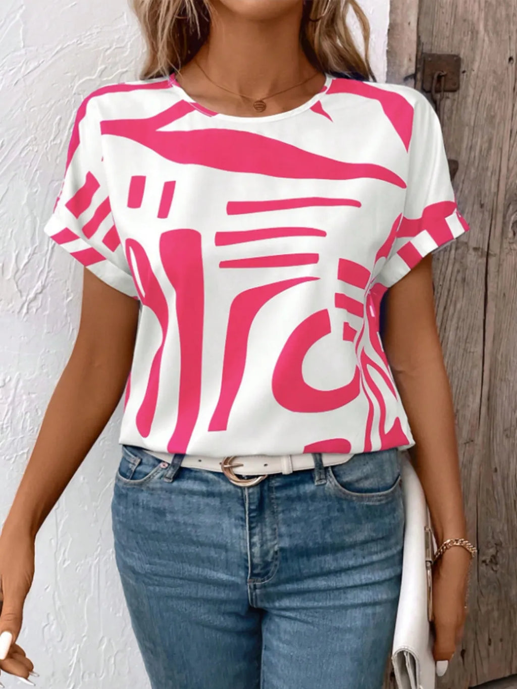 Contrast Round Neck Short Sleeve Blouse (3)