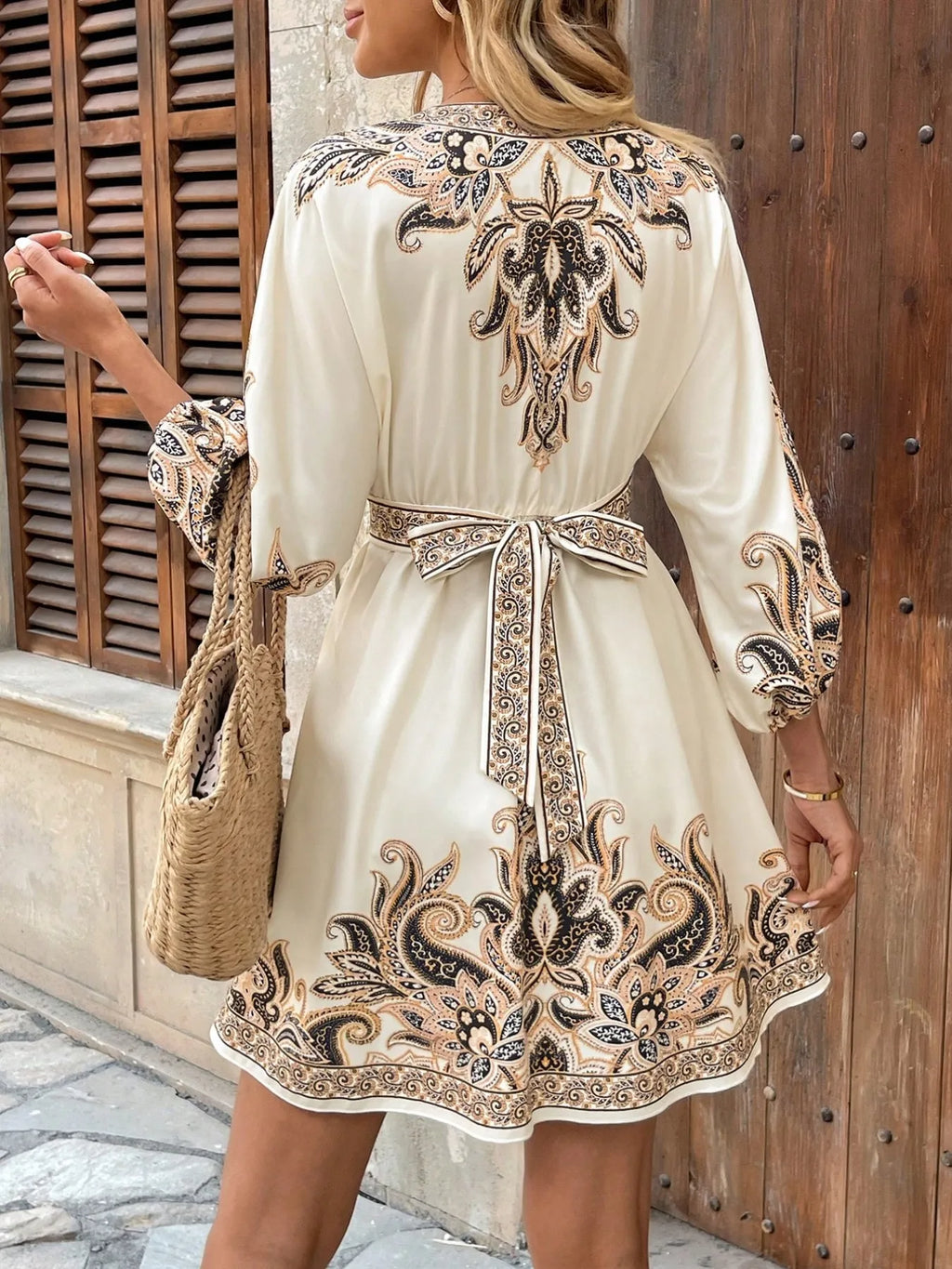 Printed V-neck Balloon Sleeve Mini Dress (17)