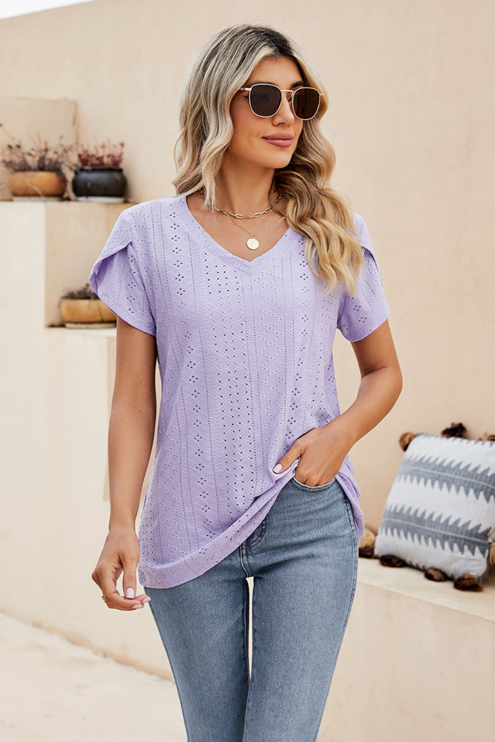 Eyelet Petal Sleeve V-neck Knit Top (5)