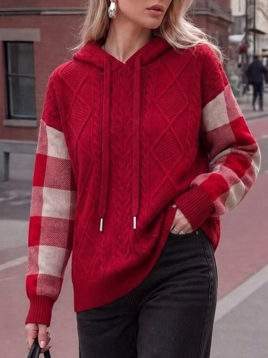Cable-knit Plaid Sleeves Hooded Sweater