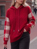 Cable-knit Plaid Sleeves Hooded Sweater