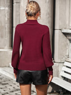 Mock Neck Ribbed Lantern Sleeve Pullover Sweater (12)