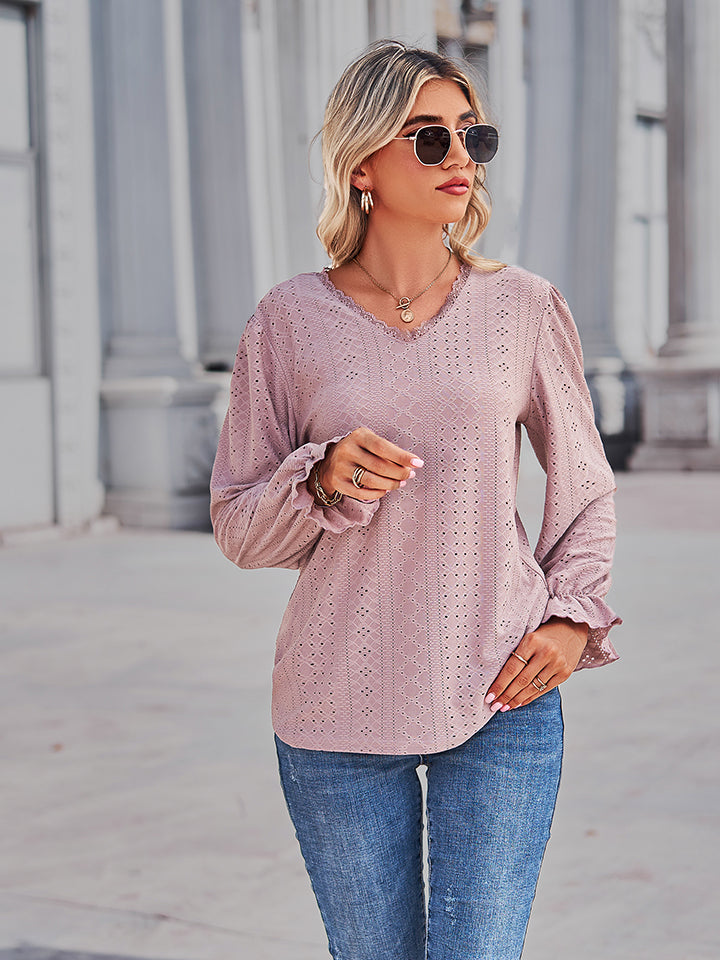 Eyelet V-neck Flounce Sleeve Blouse (8)