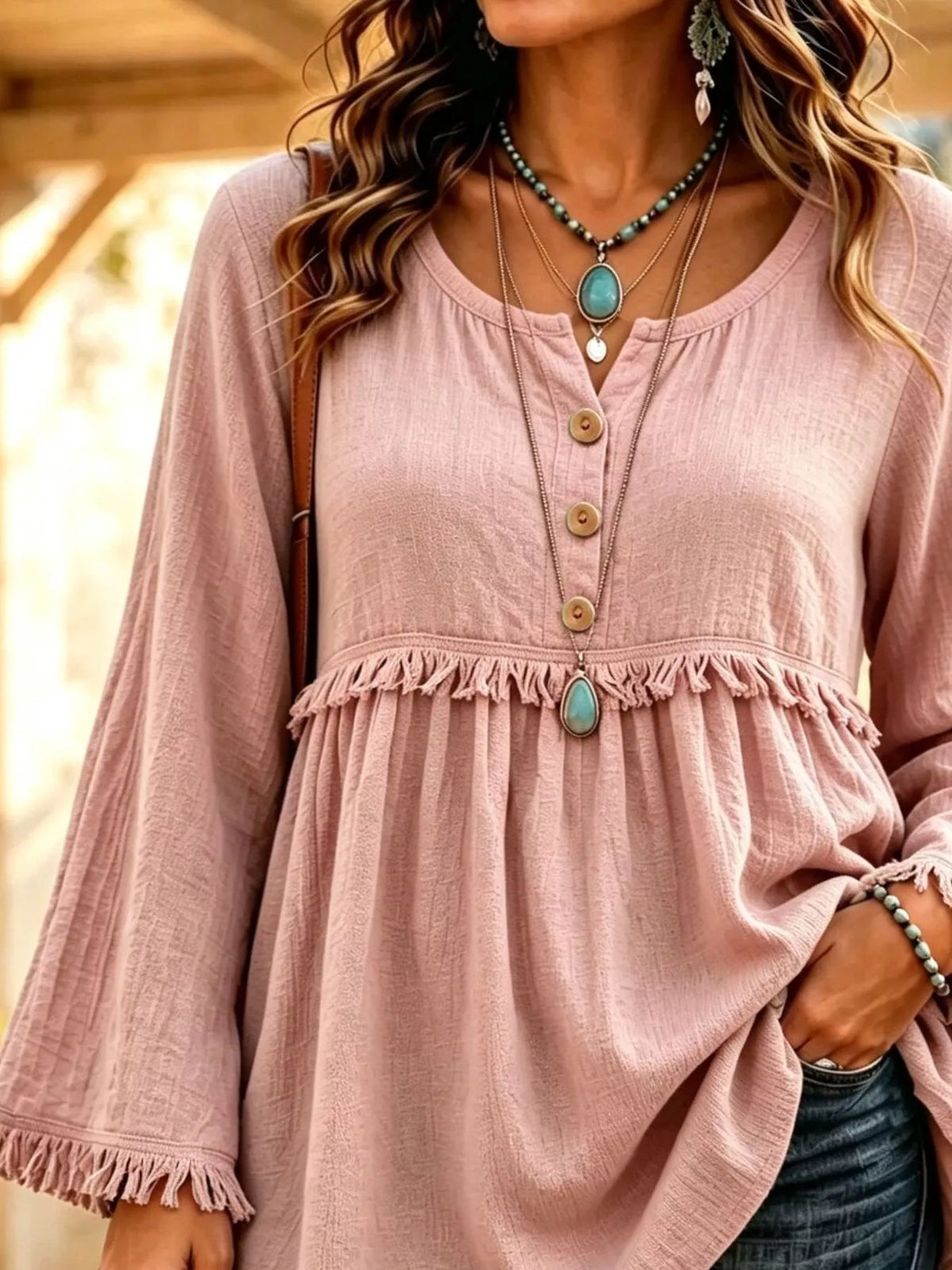 Button-down Detail Fringed Hem Blouse (3)