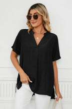 Side Slit Notched Neck Cuffed Short Sleeve Blouse (14)