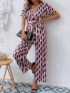 Printed Surplice Tie Waist Short Sleeve Jumpsuit (7)