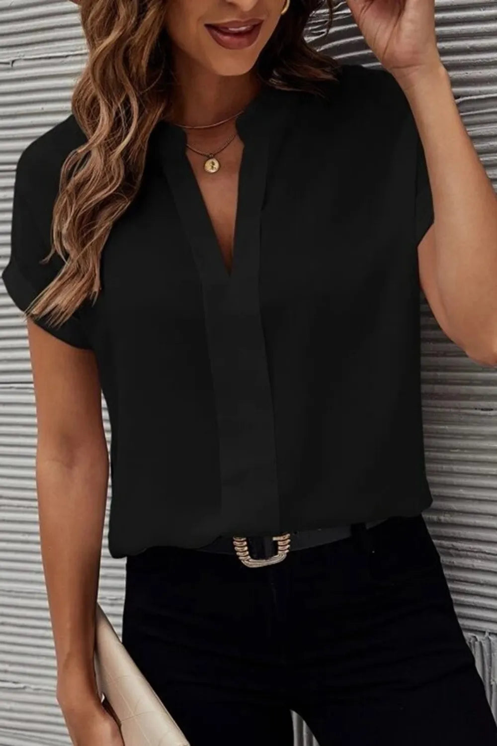 Full Size Notched Short Sleeve Blouse (14)