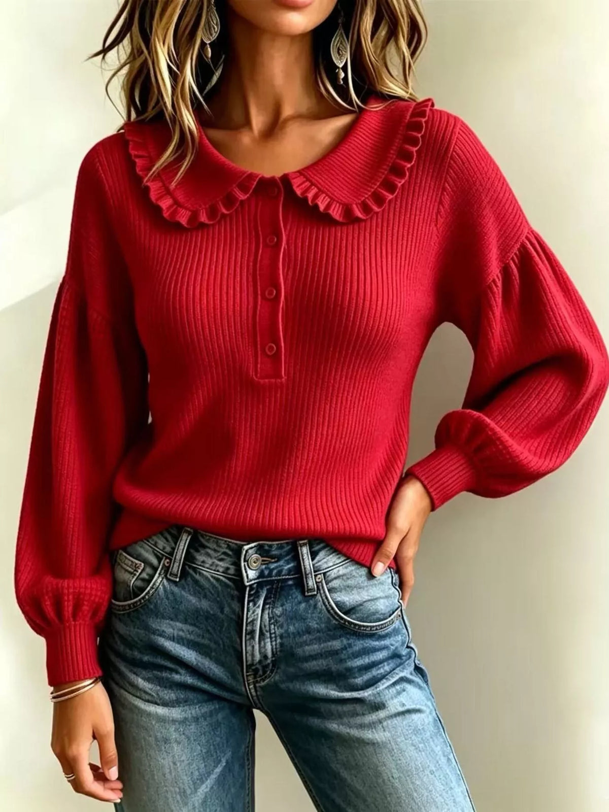 Full Size Ruffle Collar Button Detail Sweater Plus (11)