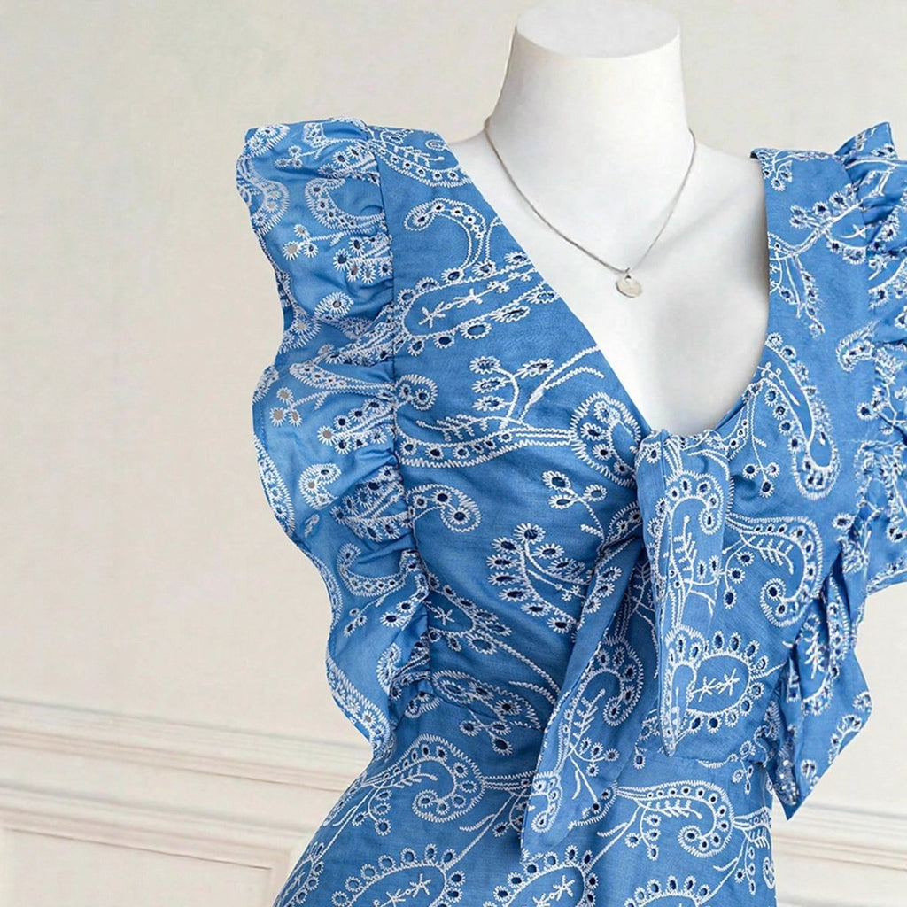 Casual Blue V-neck Embroidered Lace Dress Vacation Leisure photo 3