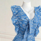 Casual Blue V-neck Embroidered Lace Dress Vacation Leisure photo 3