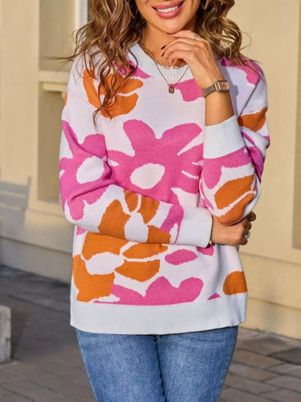 Floral Crew Neck Long Sleeve Sweater (2)