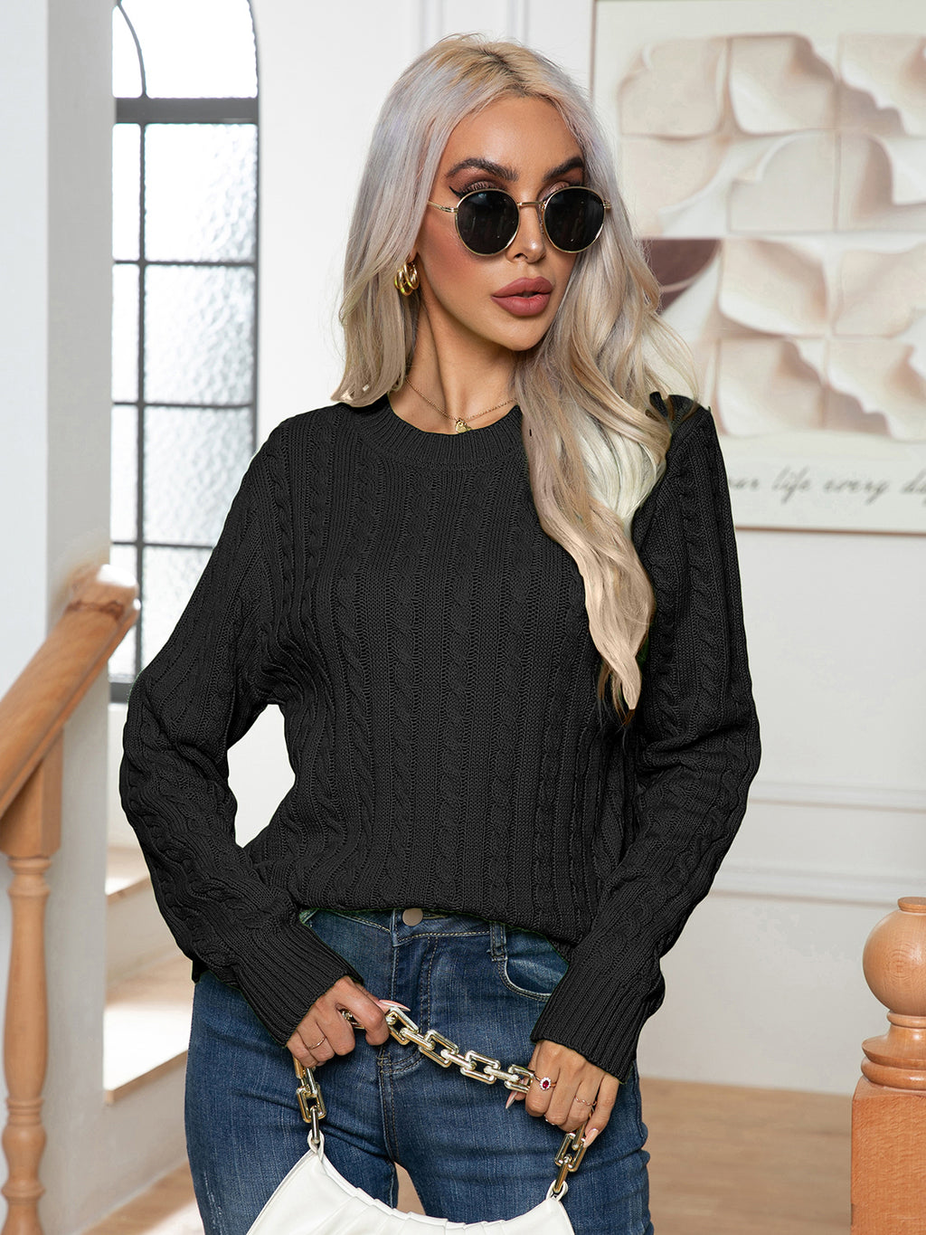 Cable-knit Round Neck Long Sleeve Sweater (5)