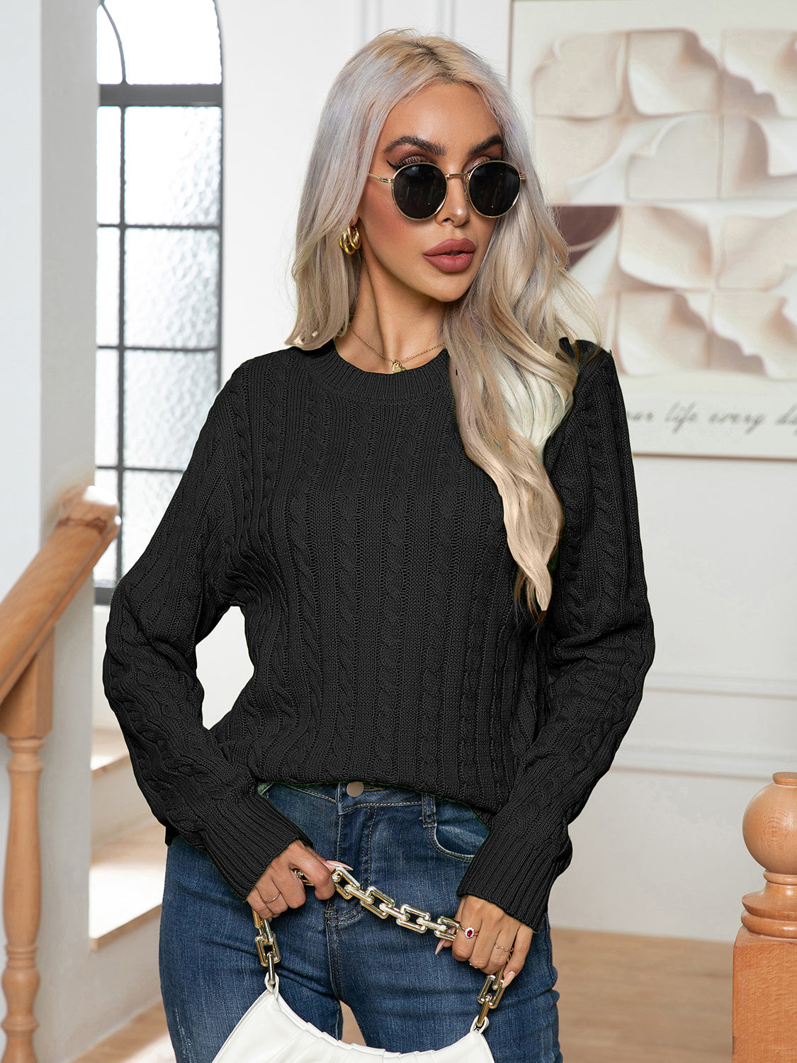 Cable-knit Round Neck Long Sleeve Sweater (5)