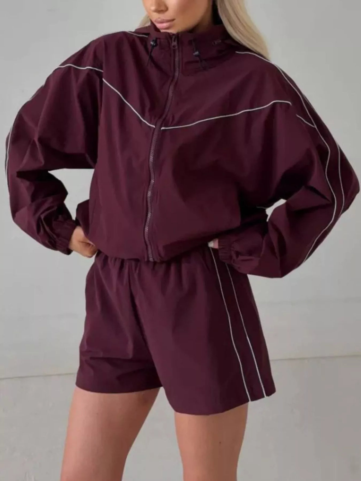 Drawstring Zip-up Jacket Shorts Set (23)
