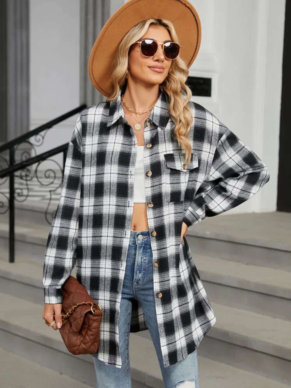 Plaid Collared Neck Long Sleeve Shirt (4)