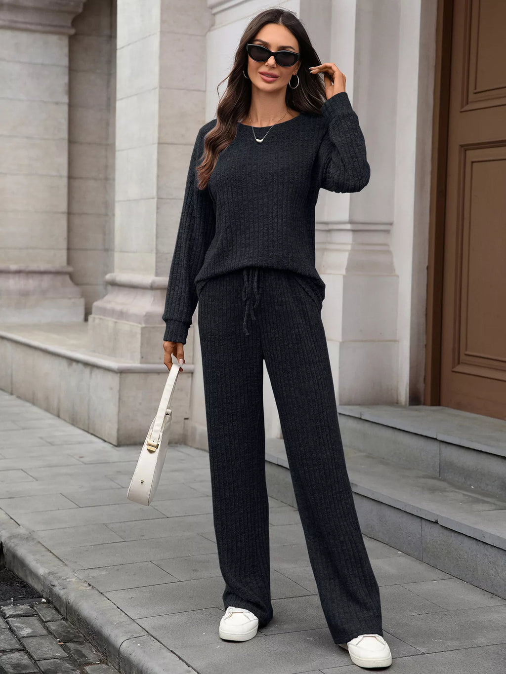 Ribbed Round Neck Top Pants Set (15)