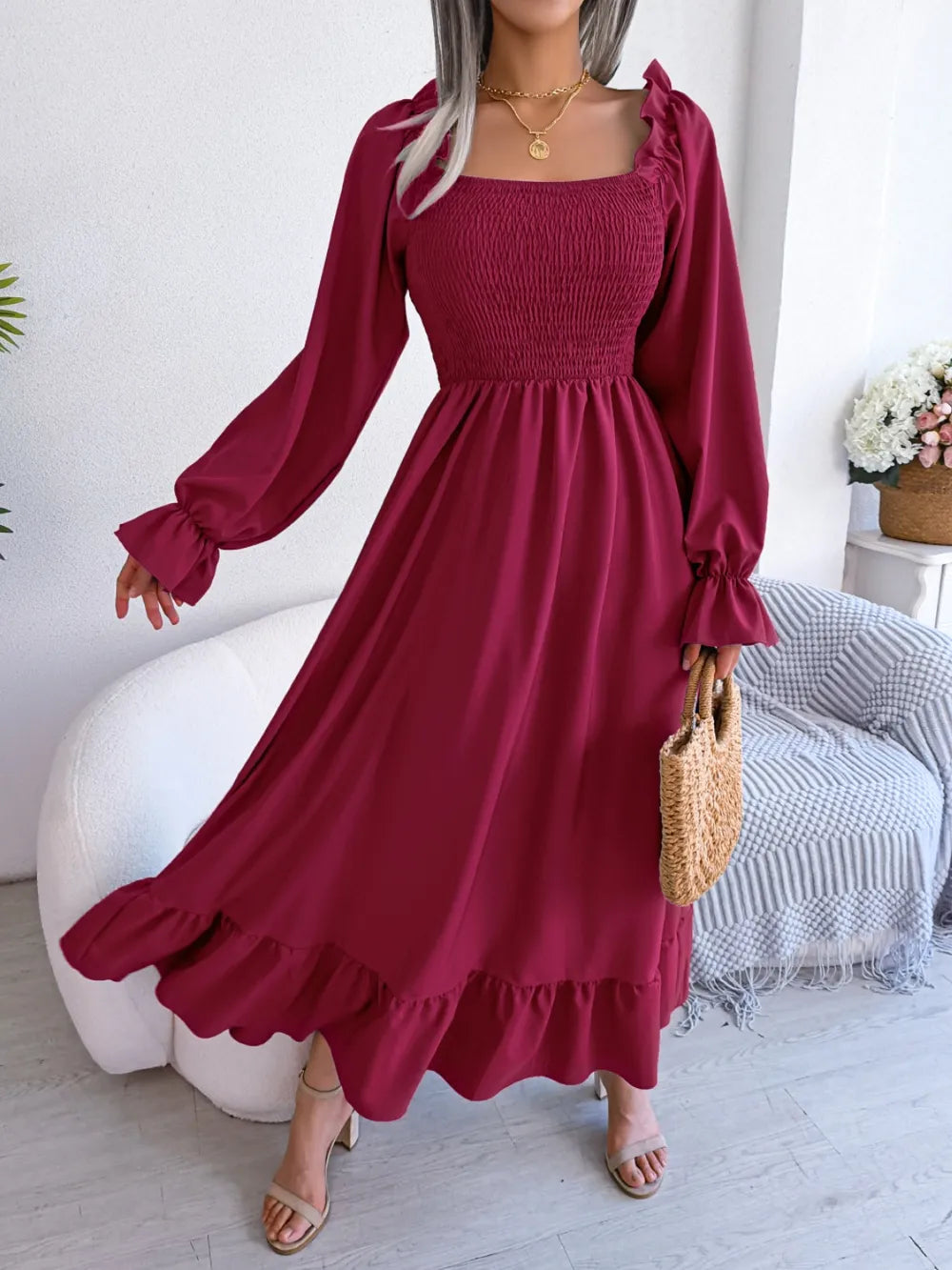 Smocked Square Neck Flounce Sleeve Dress (10)