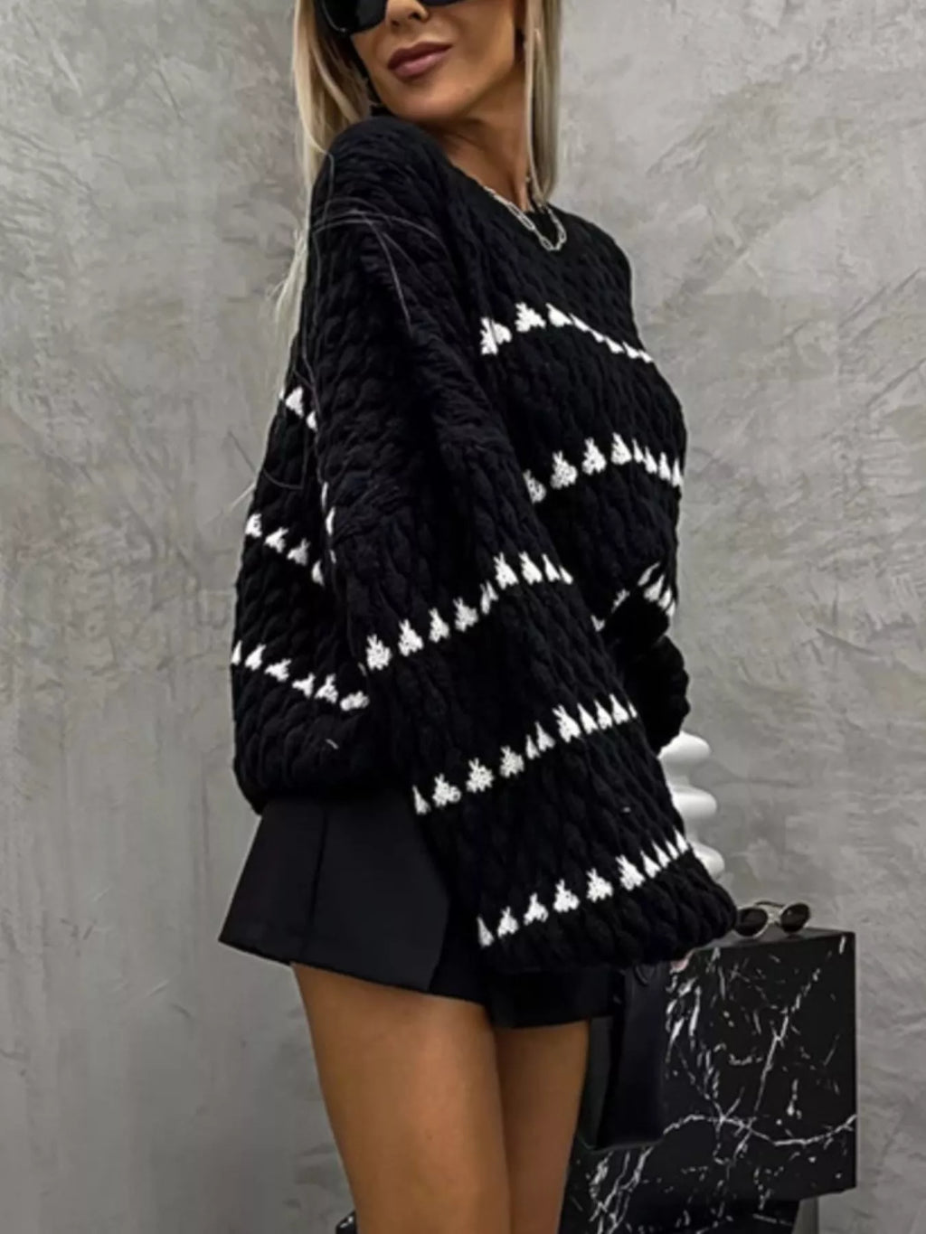Chunky Knit Striped Sweater Balloon Sleeves (14)