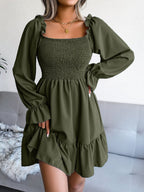 Smocked Flounce Sleeve Square Neck Dress (4)