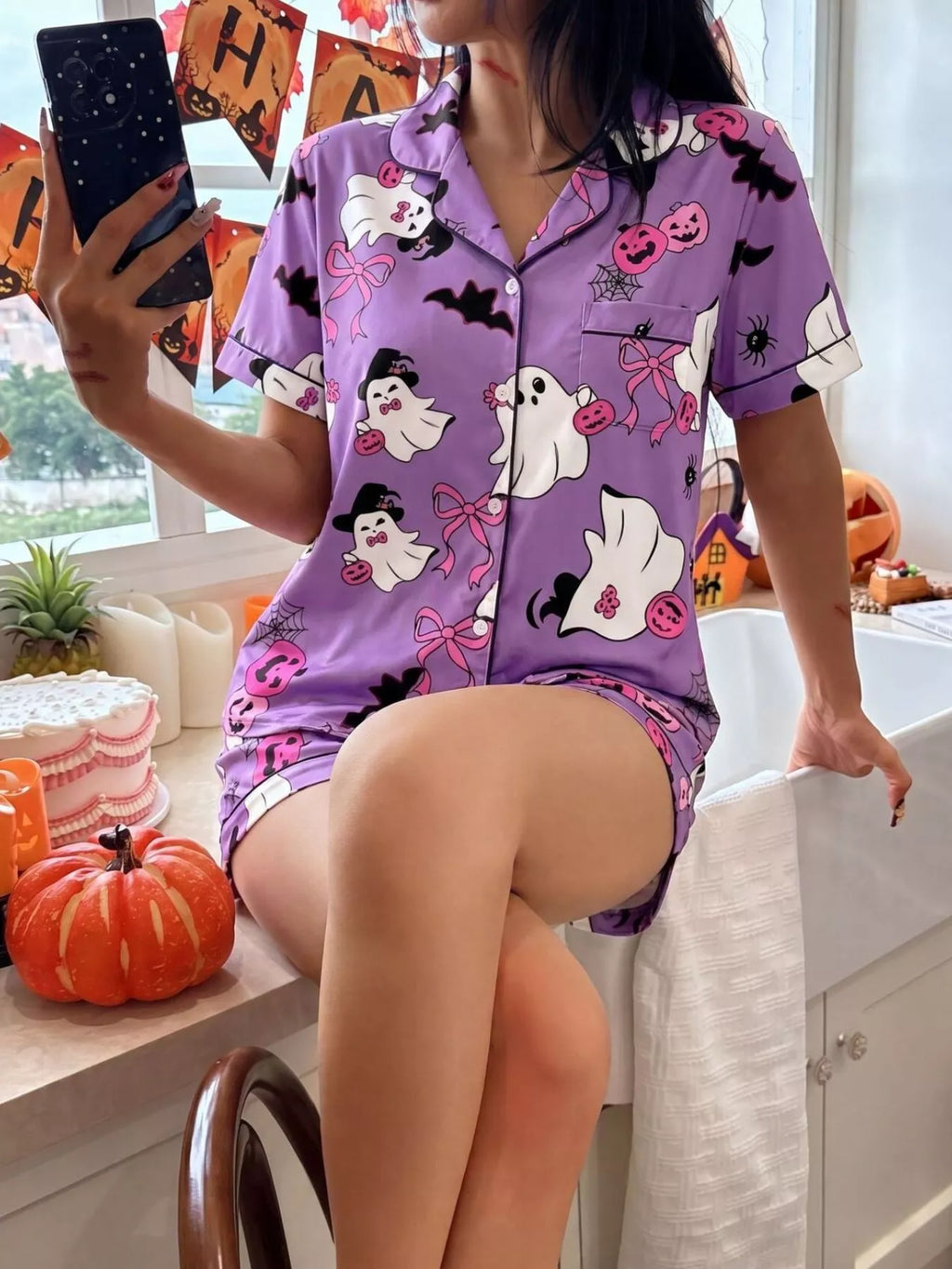 Halloween Ghost Print Button-down Top Shorts Lounge Set (11)
