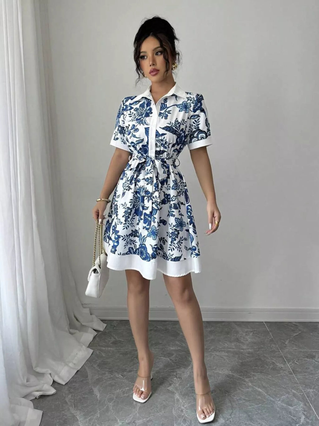 Printed Button Front Mini Dress (4)
