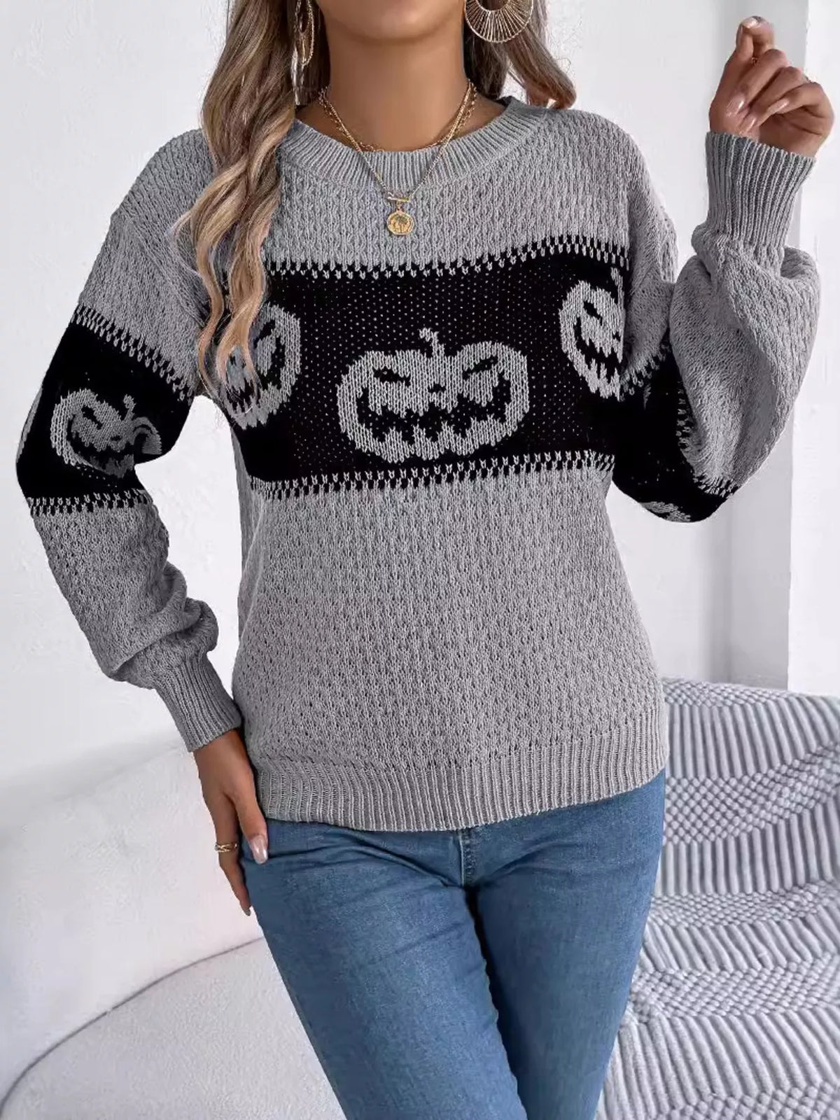Halloween Pumpkin Pattern Round Neck Sweater (10)