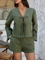 Double Tied V-neck Top Shorts Set