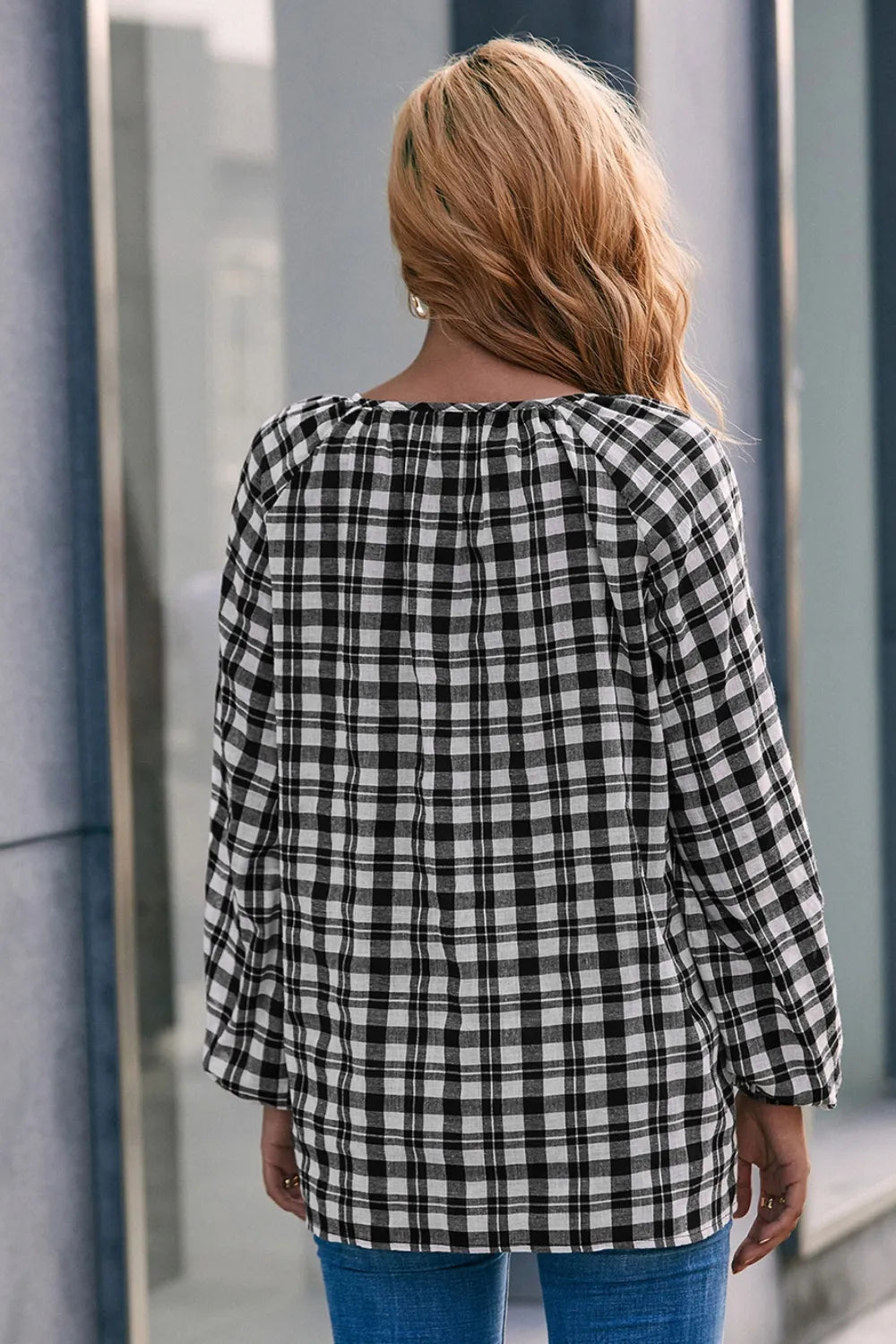 Plaid Tie Neck Balloon Sleeve Blouse (3)