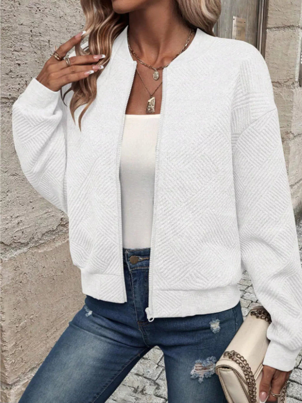 Textured Knit Zip-up Bomber Jacket (30)