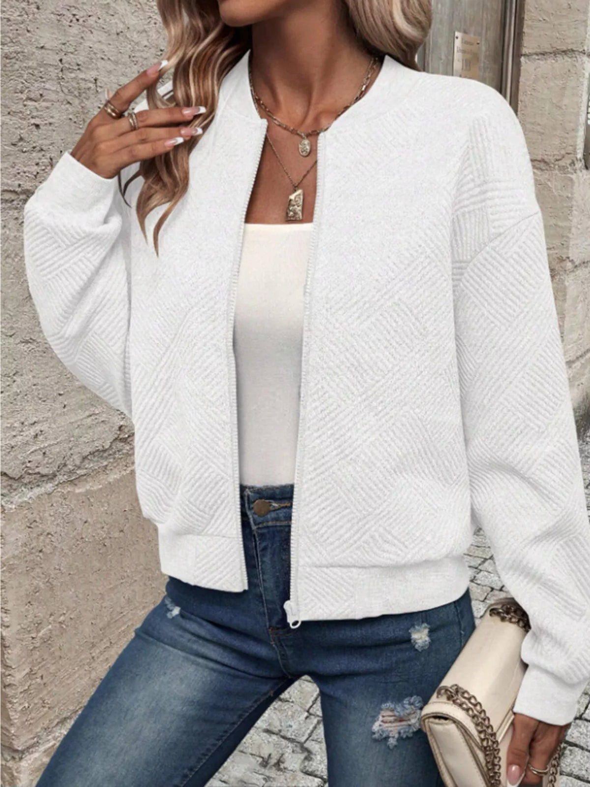 Textured Knit Zip-up Bomber Jacket (30)