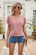 Full Size Round Neck Eyelet Short Sleeve Top (23)