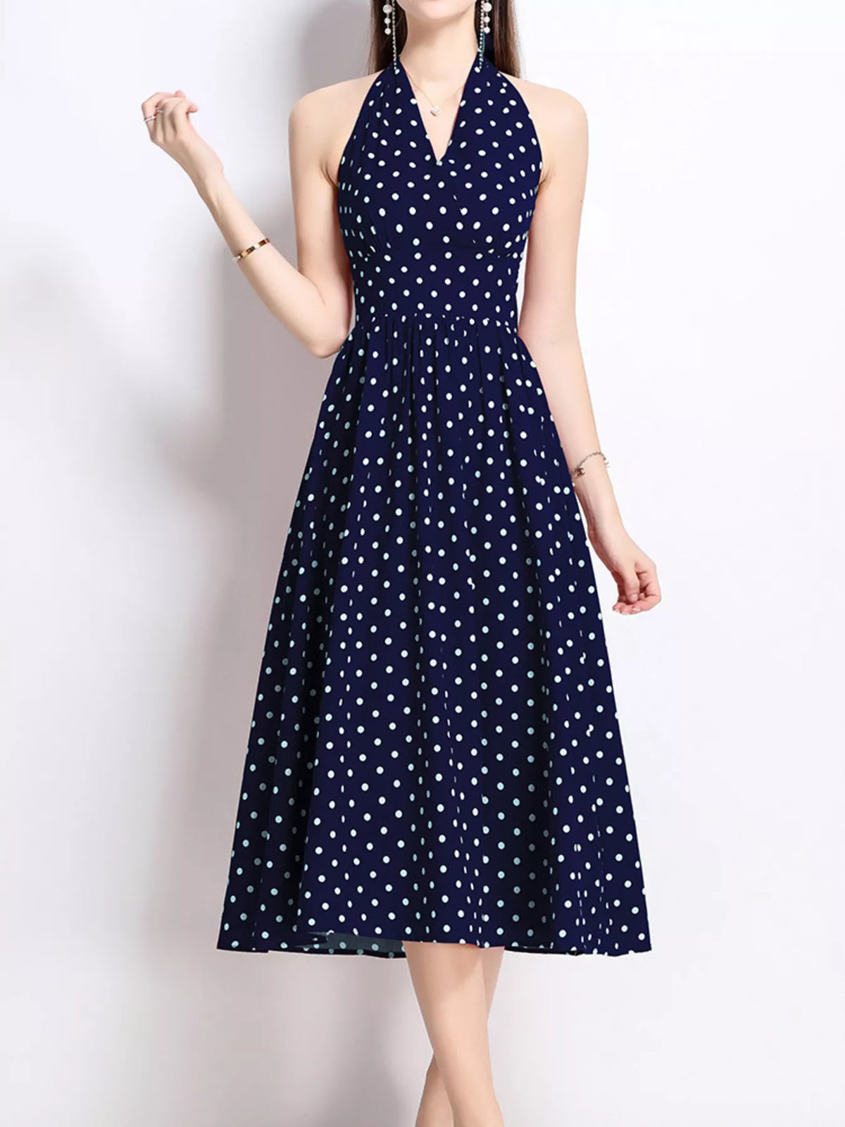 Polka Dot Halter Neck Midi Dress (8)