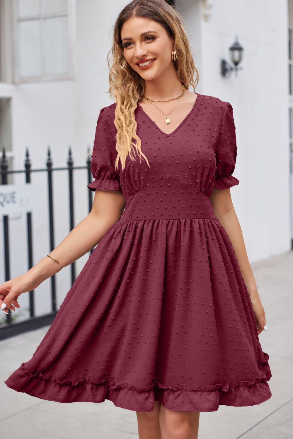 Swiss Dot Frill Trim Flounce Sleeve V-neck Dress (11)
