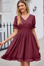 Swiss Dot Frill Trim Flounce Sleeve V-neck Dress (11)