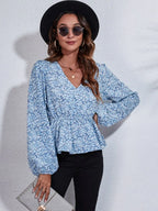 Ruched Printed V-neck Long Sleeve Blouse (10)