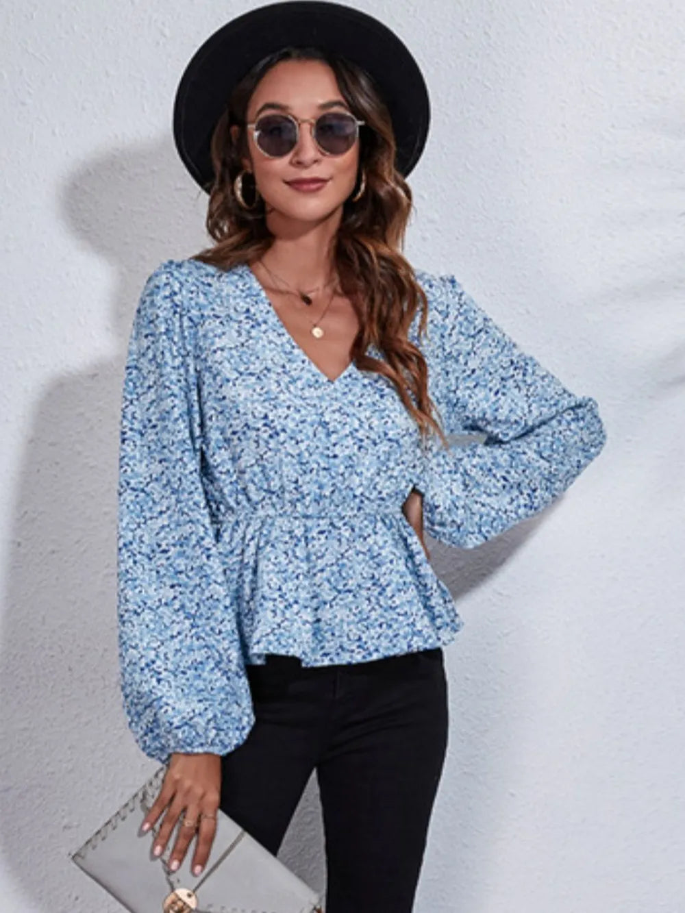 Ruched Printed V-neck Long Sleeve Blouse (10)