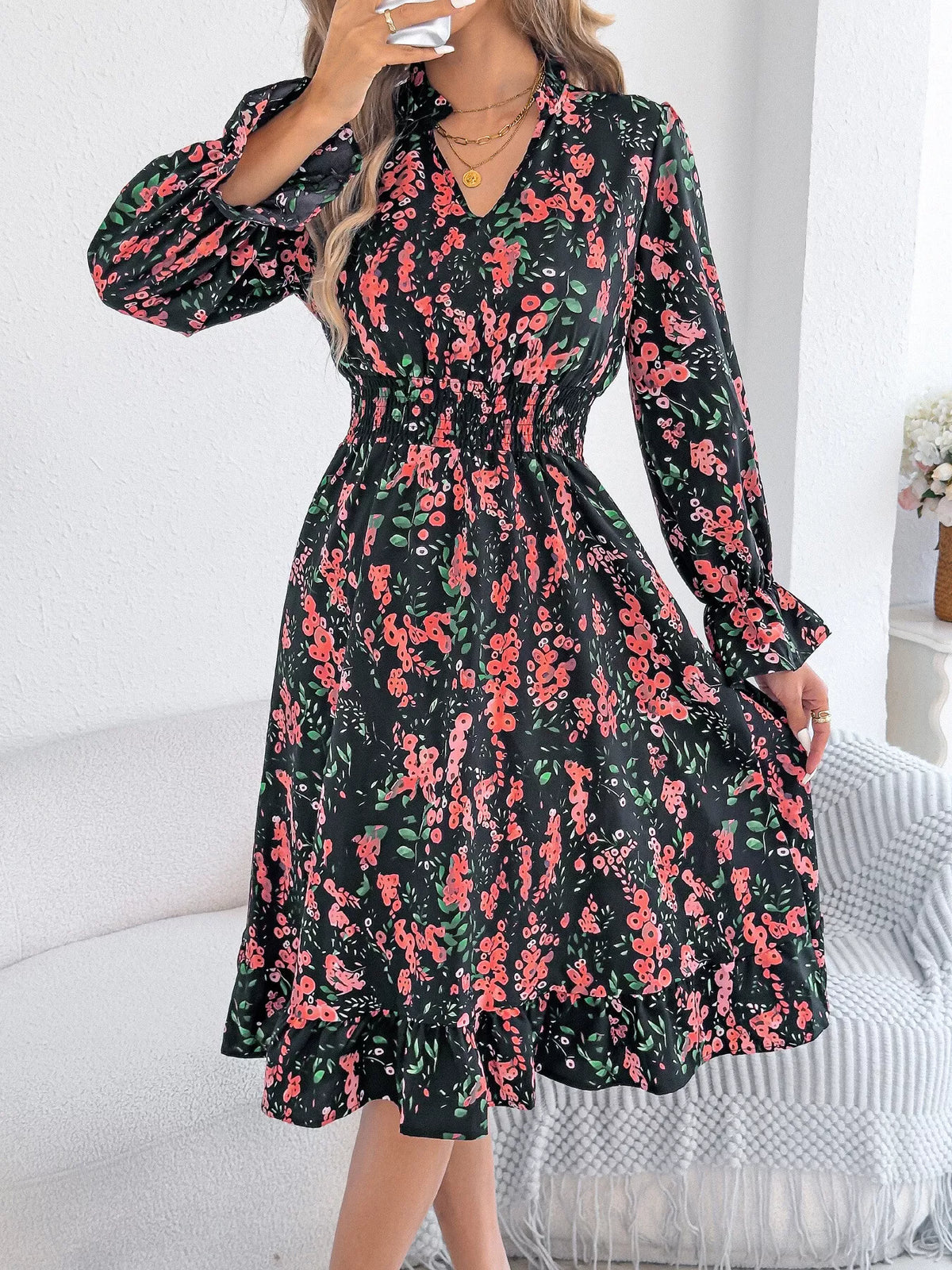 Floral Print Ruffle Hem Flounce Sleeve A-line Dress (12)