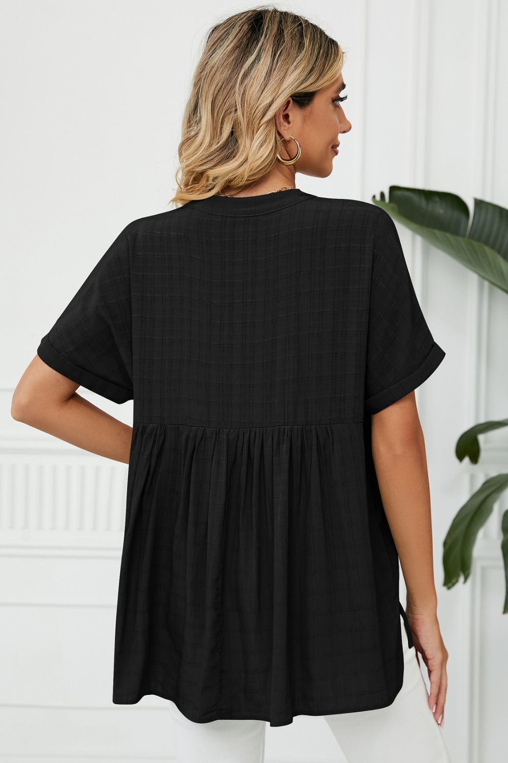 Side Slit Notched Neck Cuffed Short Sleeve Blouse (15)