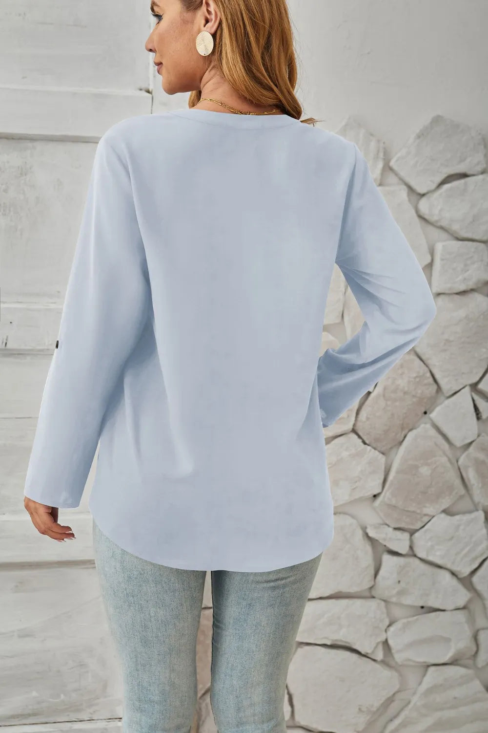 Decorative Button Notched Long Sleeve Blouse (3)