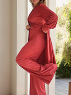 Full Size Slit Round Neck Long Sleeve Top Pants Set (2)