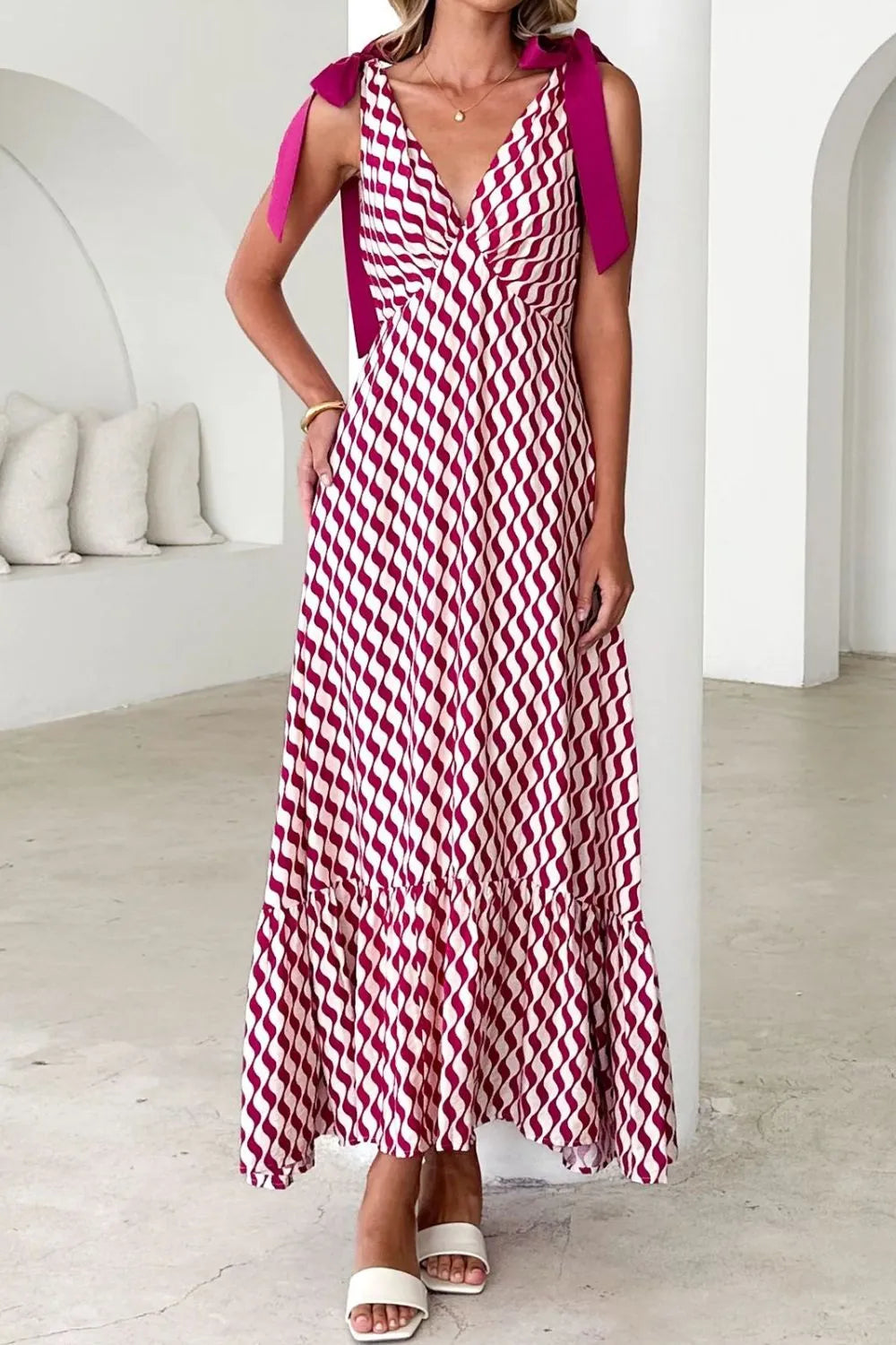 Printed V-neck Tie Shoulder Midi Cami Dress (5)