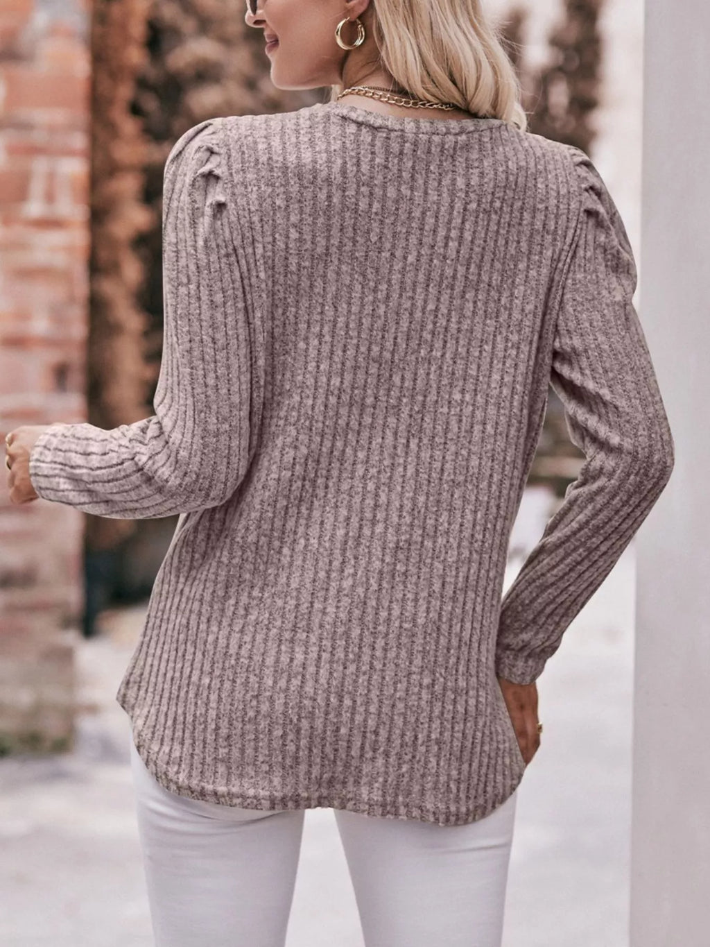 Ribbed Knit Puff Sleeve T-shirt (4)