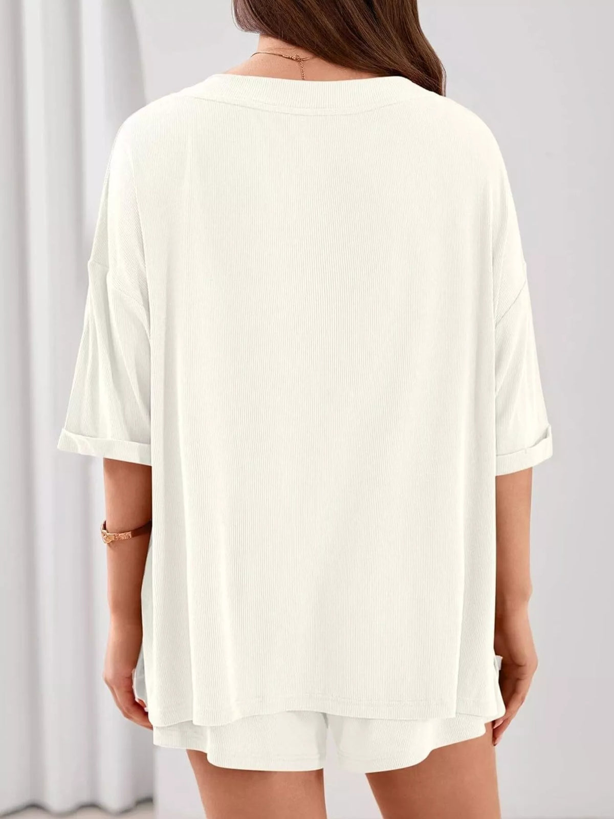Casual Solid Color V-neck Top Shorts Set (28)