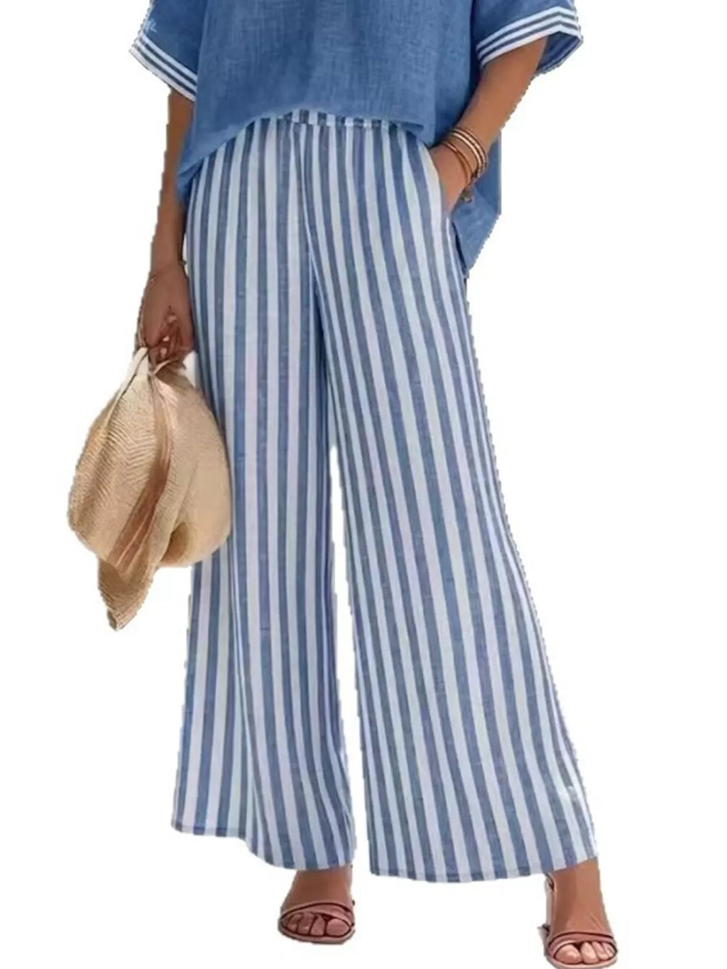 Full Size Striped V-neck Top Wide Leg Pants Set Plus (3)