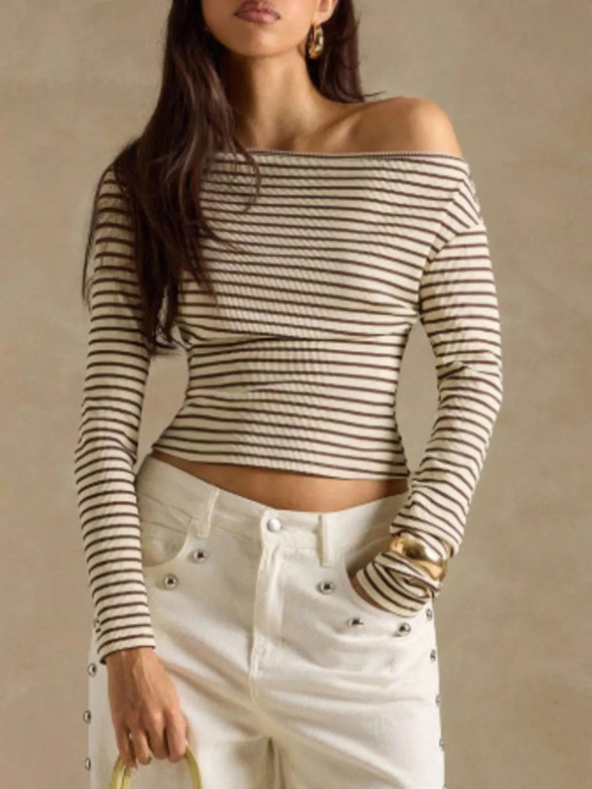 Off-shoulder Striped Ribbed Long Sleeve T-shirt (6)