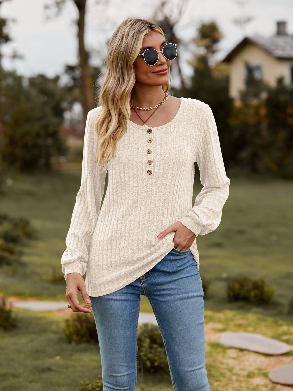 Round Neck Button-down Long Sleeve Tee (10)