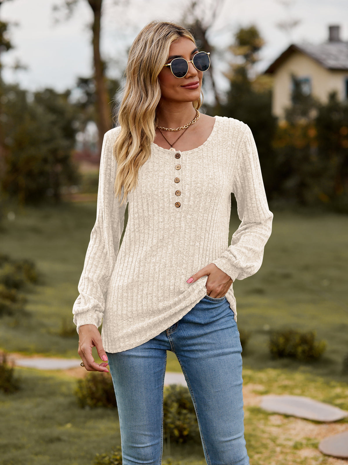 Round Neck Button-down Long Sleeve Tee (10)