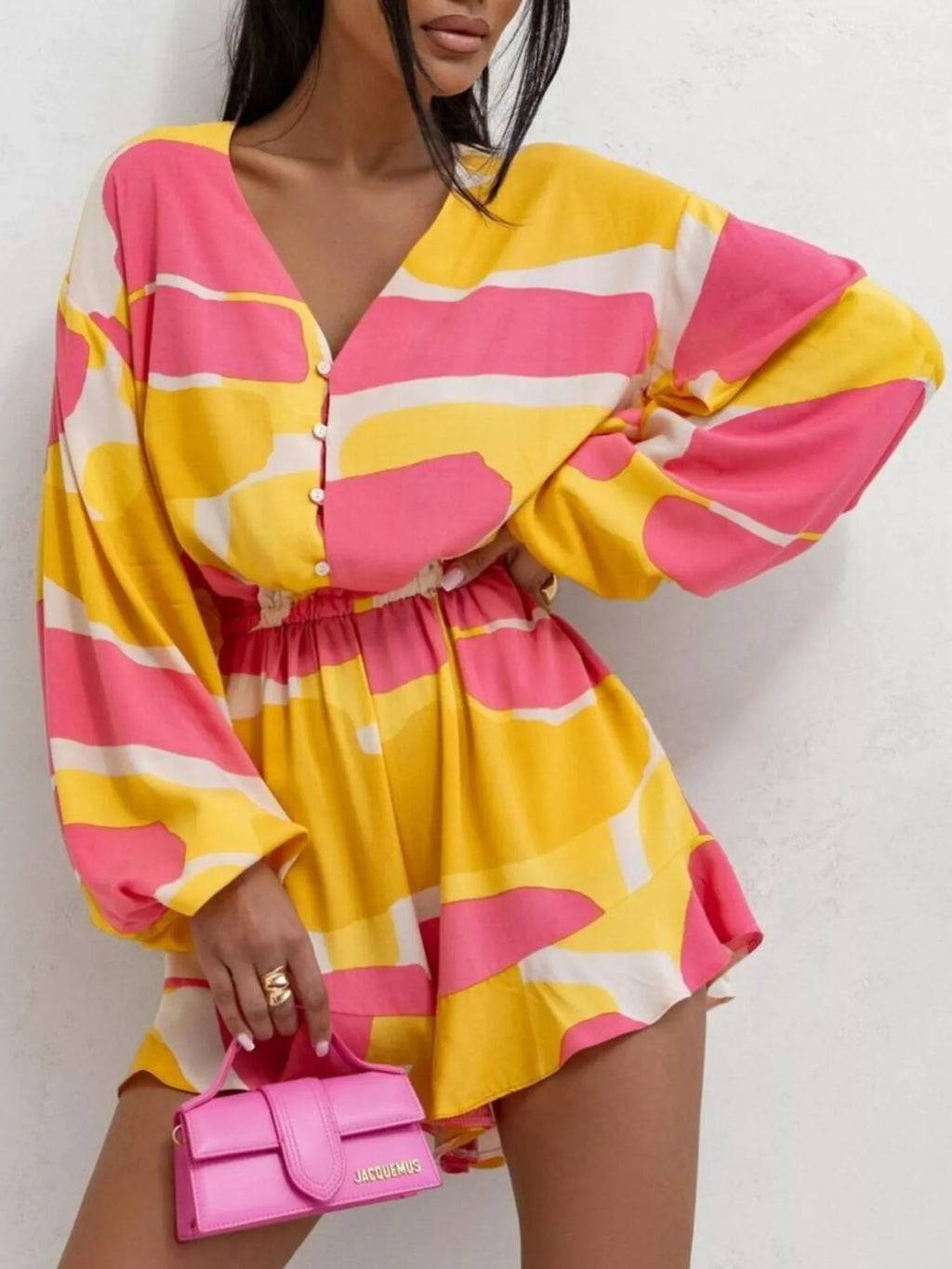 Floral V-neck Long Sleeve Romper Elastic Waist (8)