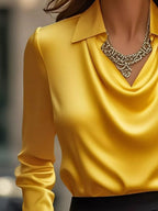 Ruched Long Sleeve Drape Collar Blouse (30)